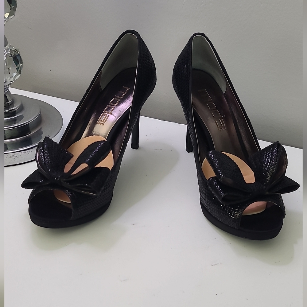 🖤 Vintage Black Sequin MODA Spana Peep toe BOW Heels 🎀